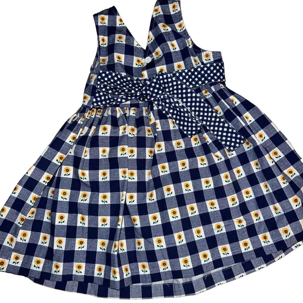 Vintage sunflower fall gingham navy blue and white girls dress tie in back Sz 4